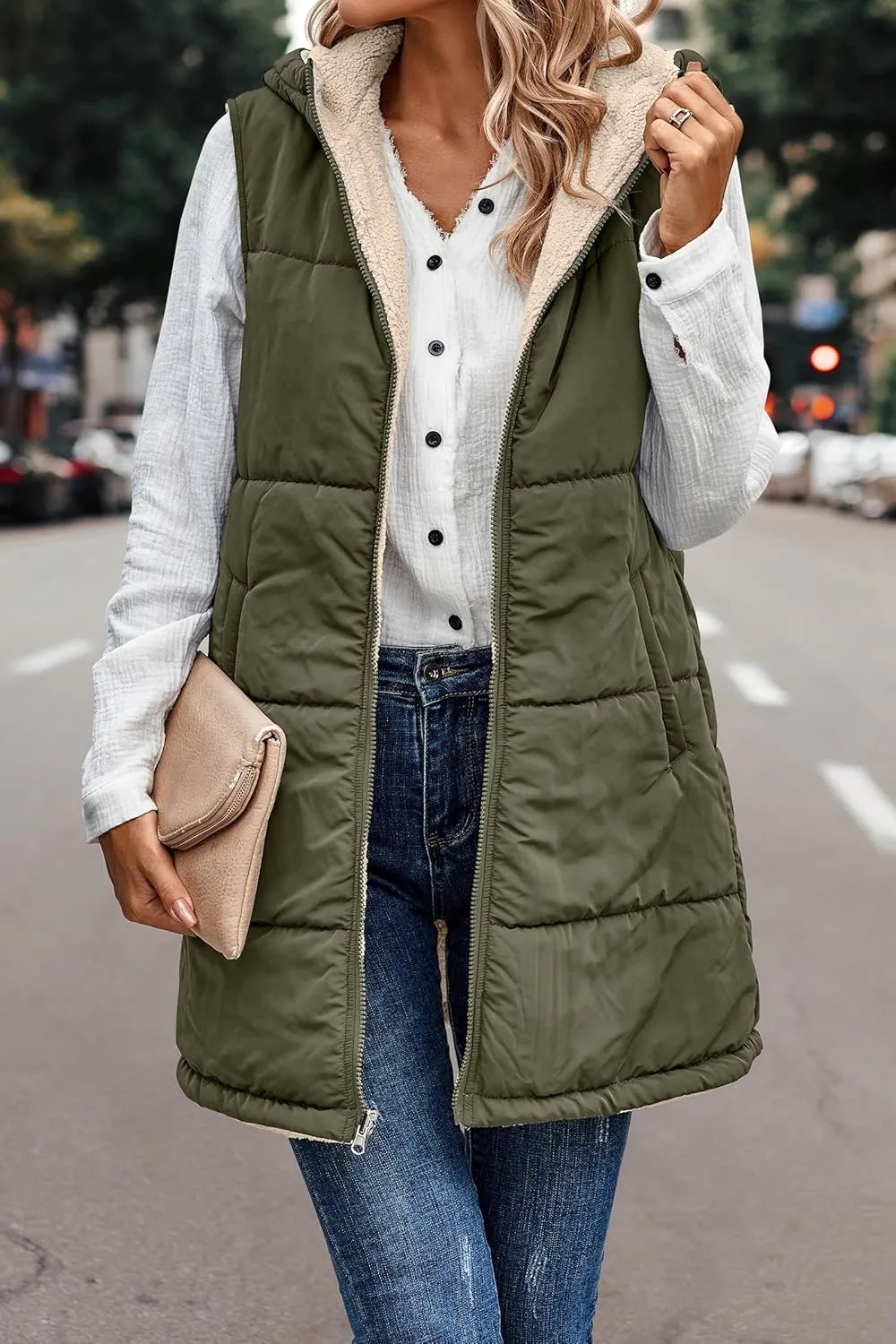 Long Puffer Jacket Womens Zip Up Hoodies Fleece Lined Puffer Vest Reversible Long Sleeve Coat Warm Winter Outwear