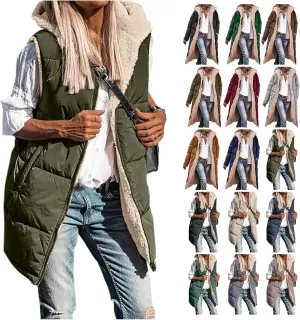 Long Puffer Jacket Womens Zip Up Hoodies Fleece Lined Puffer Vest Reversible Long Sleeve Coat Warm Winter Outwear