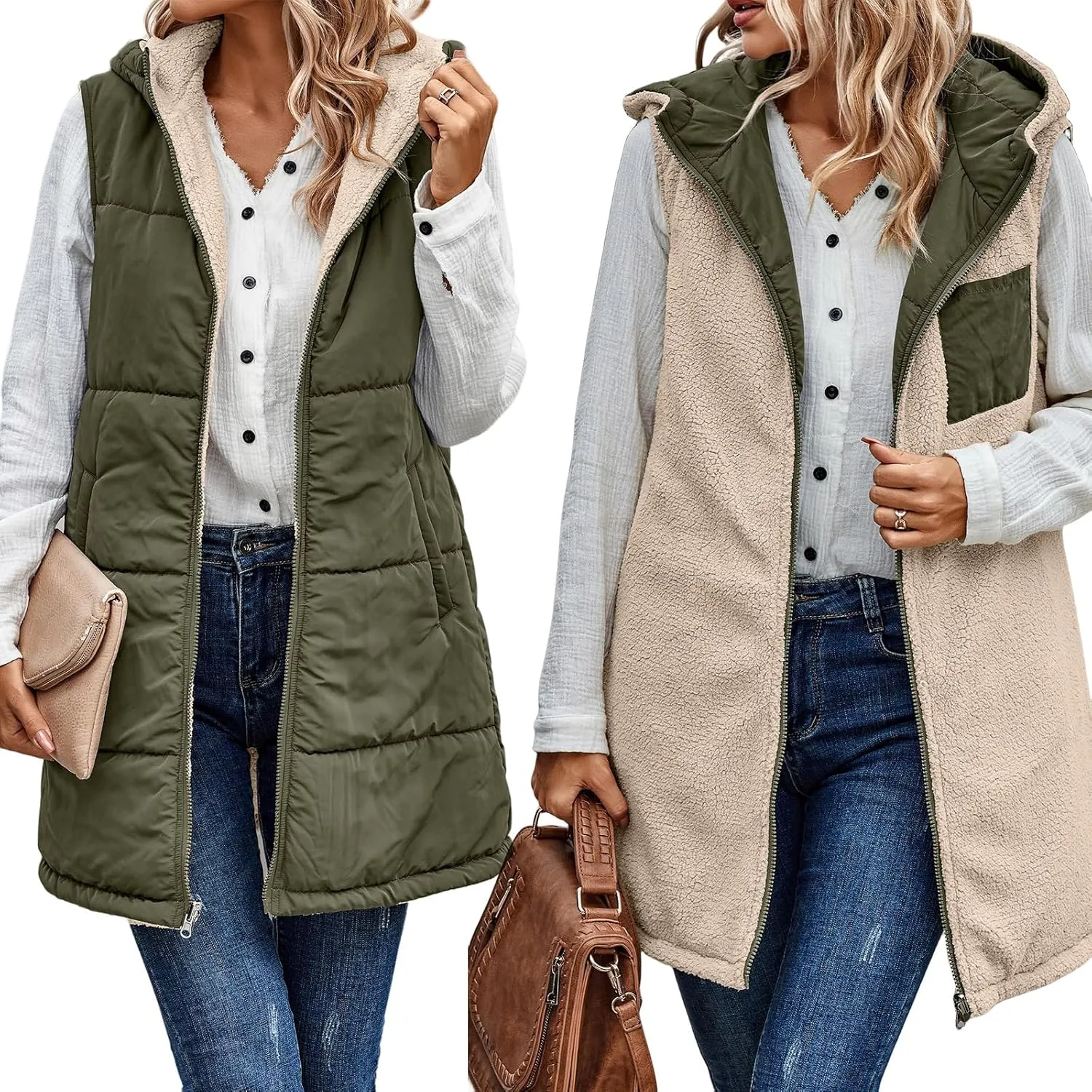 Long Puffer Jacket Womens Zip Up Hoodies Fleece Lined Puffer Vest Reversible Long Sleeve Coat Warm Winter Outwear