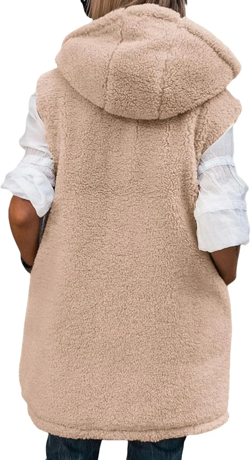 Long Puffer Jacket Womens Zip Up Hoodies Fleece Lined Puffer Vest Reversible Long Sleeve Coat Warm Winter Outwear