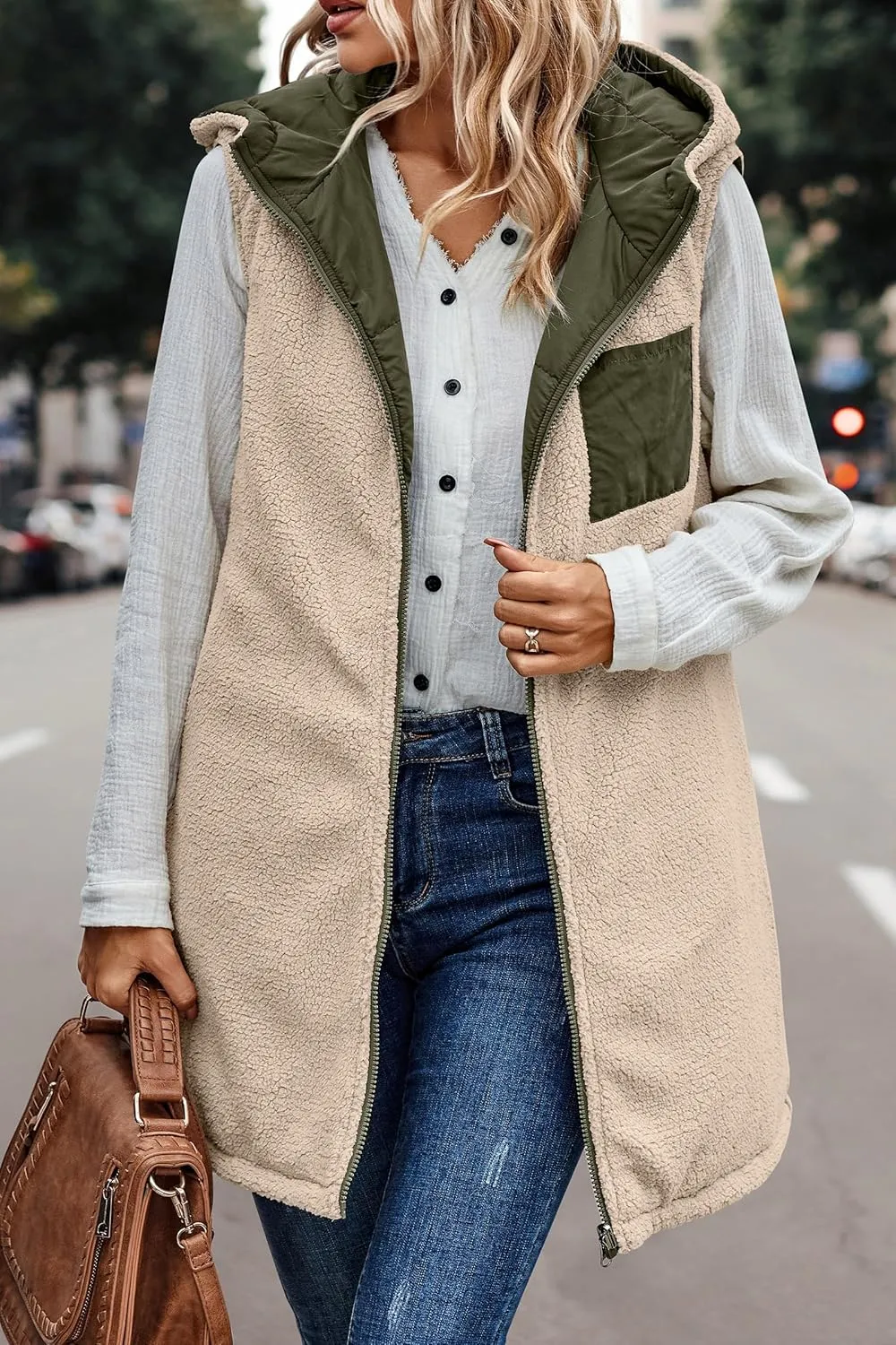 Long Puffer Jacket Womens Zip Up Hoodies Fleece Lined Puffer Vest Reversible Long Sleeve Coat Warm Winter Outwear