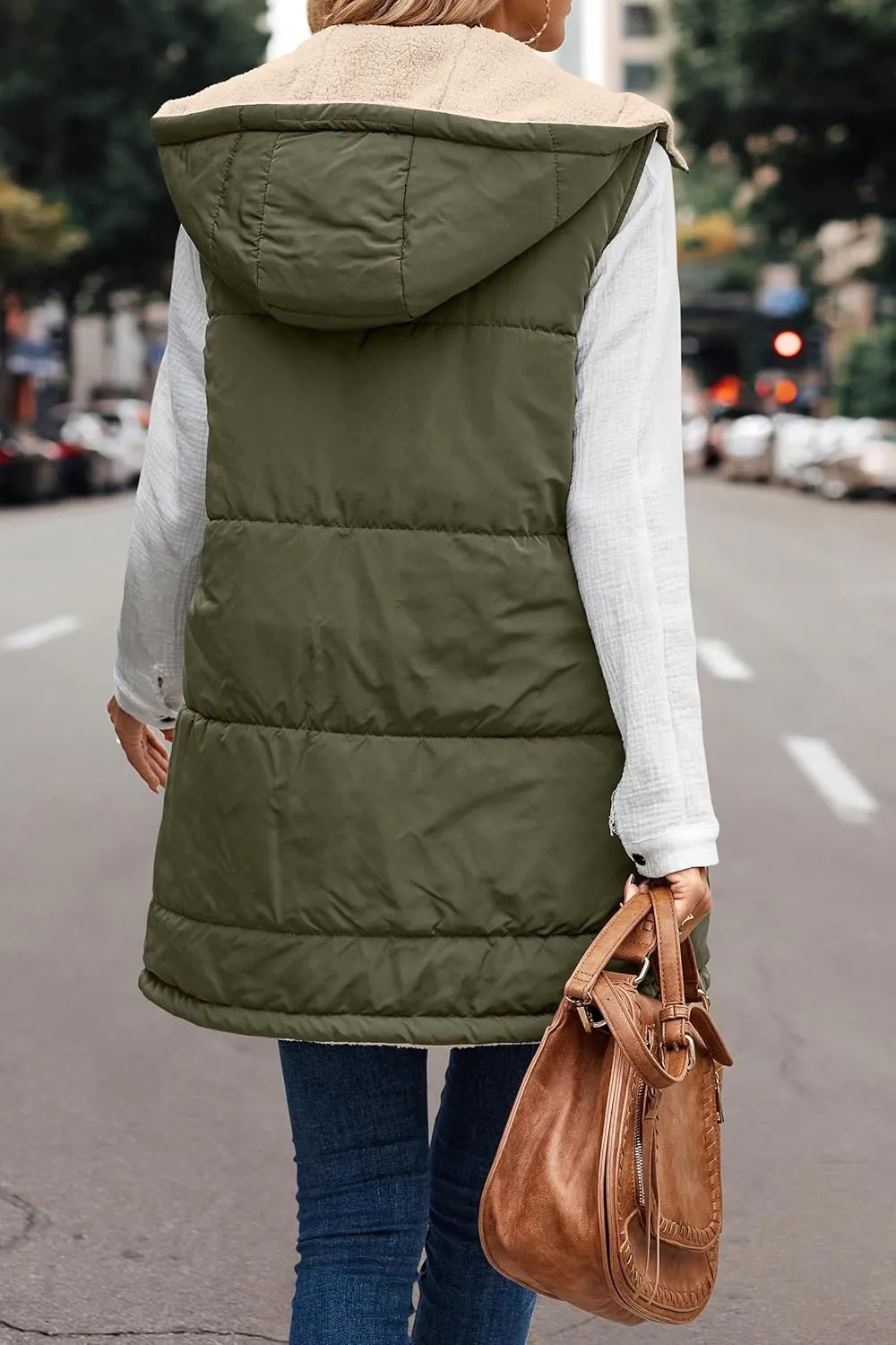 Long Puffer Jacket Womens Zip Up Hoodies Fleece Lined Puffer Vest Reversible Long Sleeve Coat Warm Winter Outwear