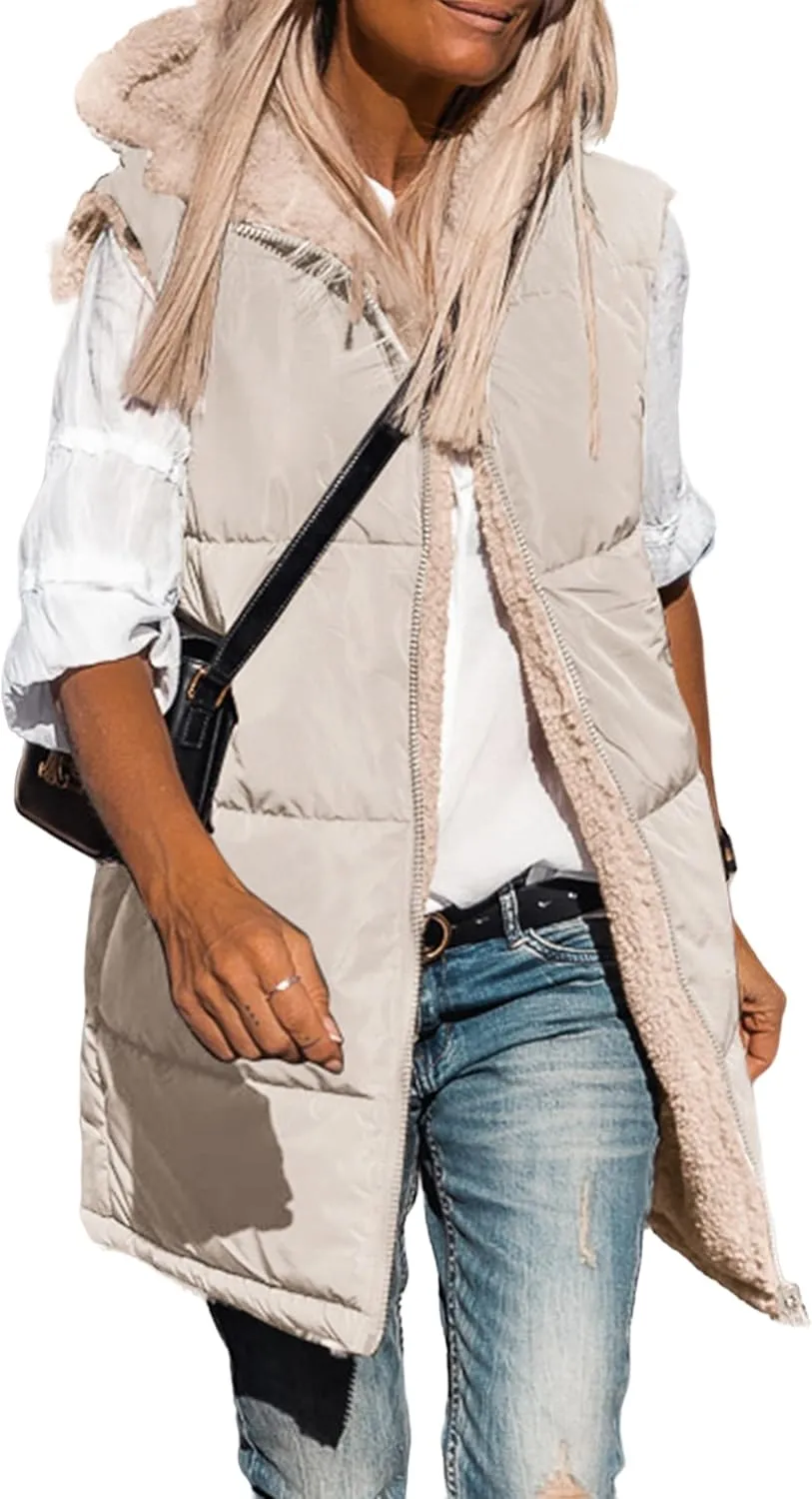 Long Puffer Jacket Womens Zip Up Hoodies Fleece Lined Puffer Vest Reversible Long Sleeve Coat Warm Winter Outwear
