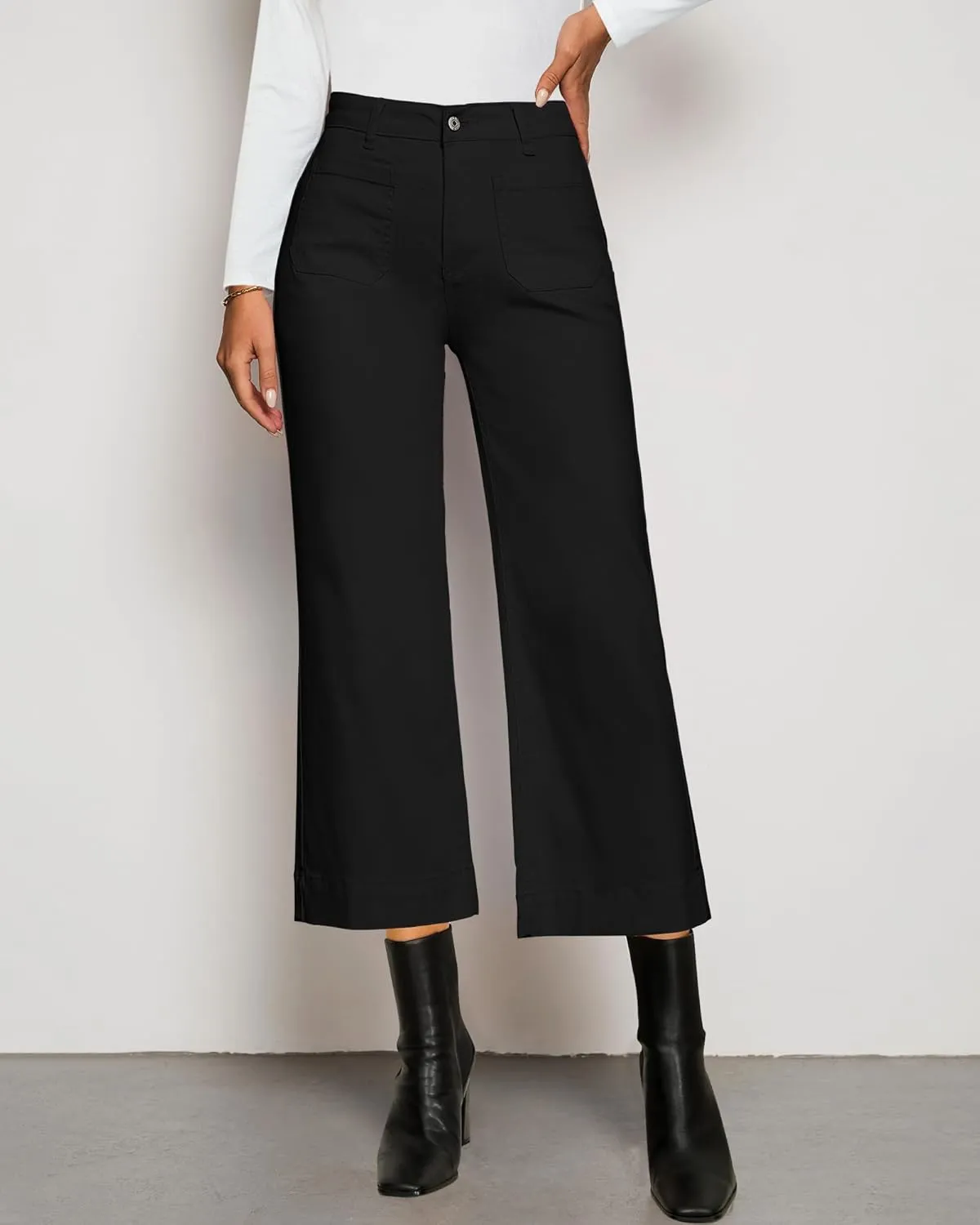 LookbookStore Wide Leg Cropped Jeans for Women High Waisted Stretchy Denim Jean Pants Baggy Flare Trouser Jeans Pockets