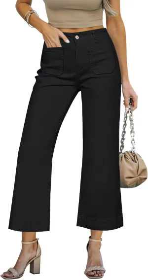 LookbookStore Wide Leg Cropped Jeans for Women High Waisted Stretchy Denim Jean Pants Baggy Flare Trouser Jeans Pockets