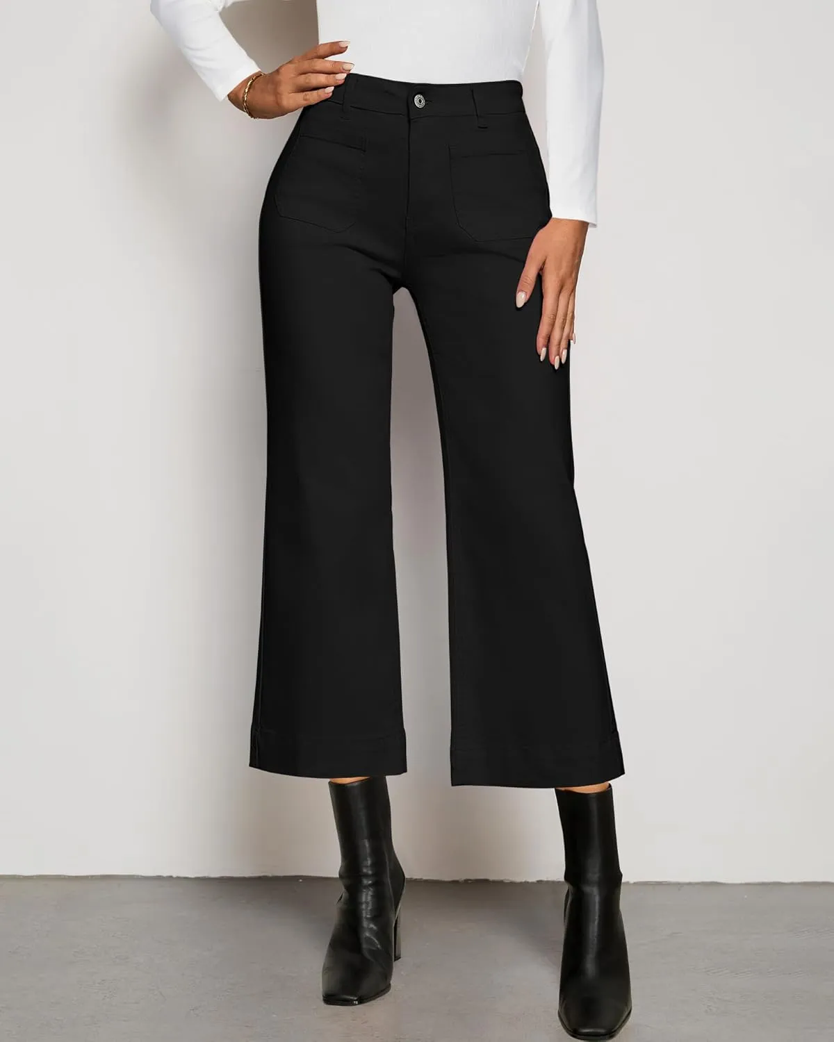 LookbookStore Wide Leg Cropped Jeans for Women High Waisted Stretchy Denim Jean Pants Baggy Flare Trouser Jeans Pockets