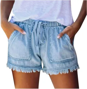 Lpmadey Women's Summer High Waisted Denim Shorts Frayed Raw Hem Casual Short Jeans Stretchy Denim Jeans Shorts with Pockets