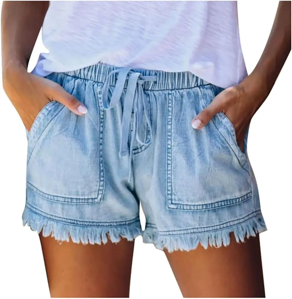 Lpmadey Women's Summer High Waisted Denim Shorts Frayed Raw Hem Casual Short Jeans Stretchy Denim Jeans Shorts with Pockets
