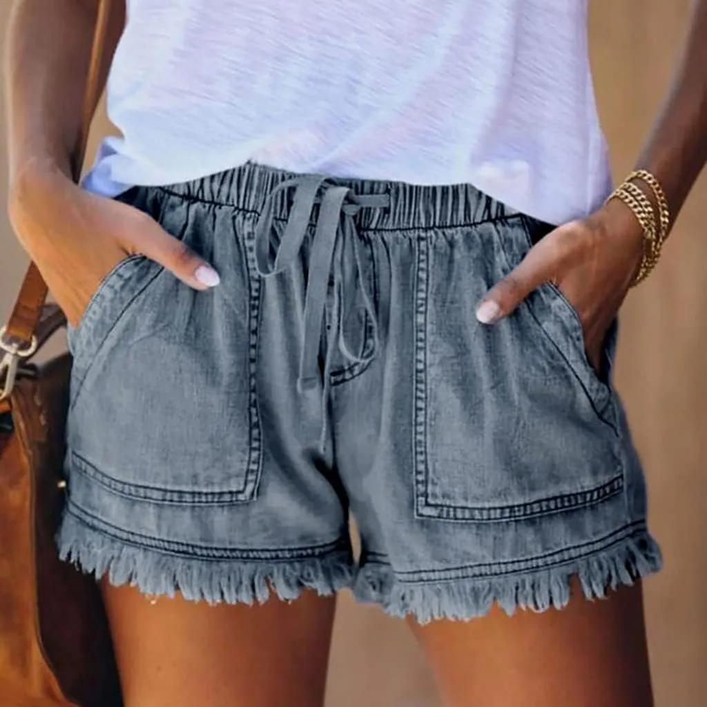 Lpmadey Women's Summer High Waisted Denim Shorts Frayed Raw Hem Casual Short Jeans Stretchy Denim Jeans Shorts with Pockets