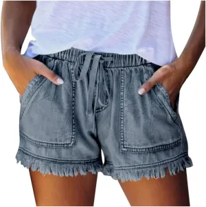Lpmadey Women's Summer High Waisted Denim Shorts Frayed Raw Hem Casual Short Jeans Stretchy Denim Jeans Shorts with Pockets
