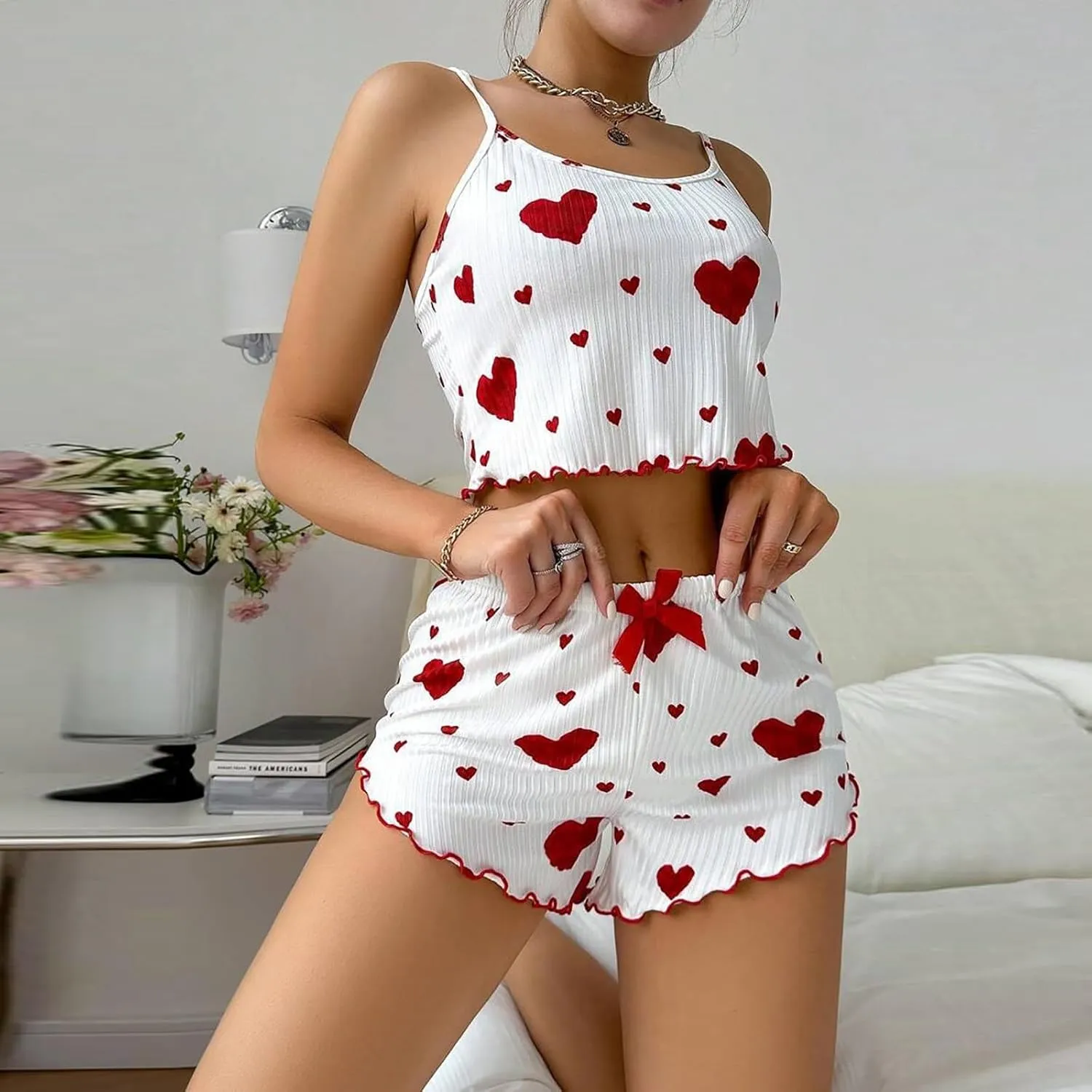 Lpmadey Womens V Neck Cami Set Ruffle Camisole Lingerie Nightwear Sexy Pajamas Lounge Sets Cute Pajamas Ladies Pajamas Sets