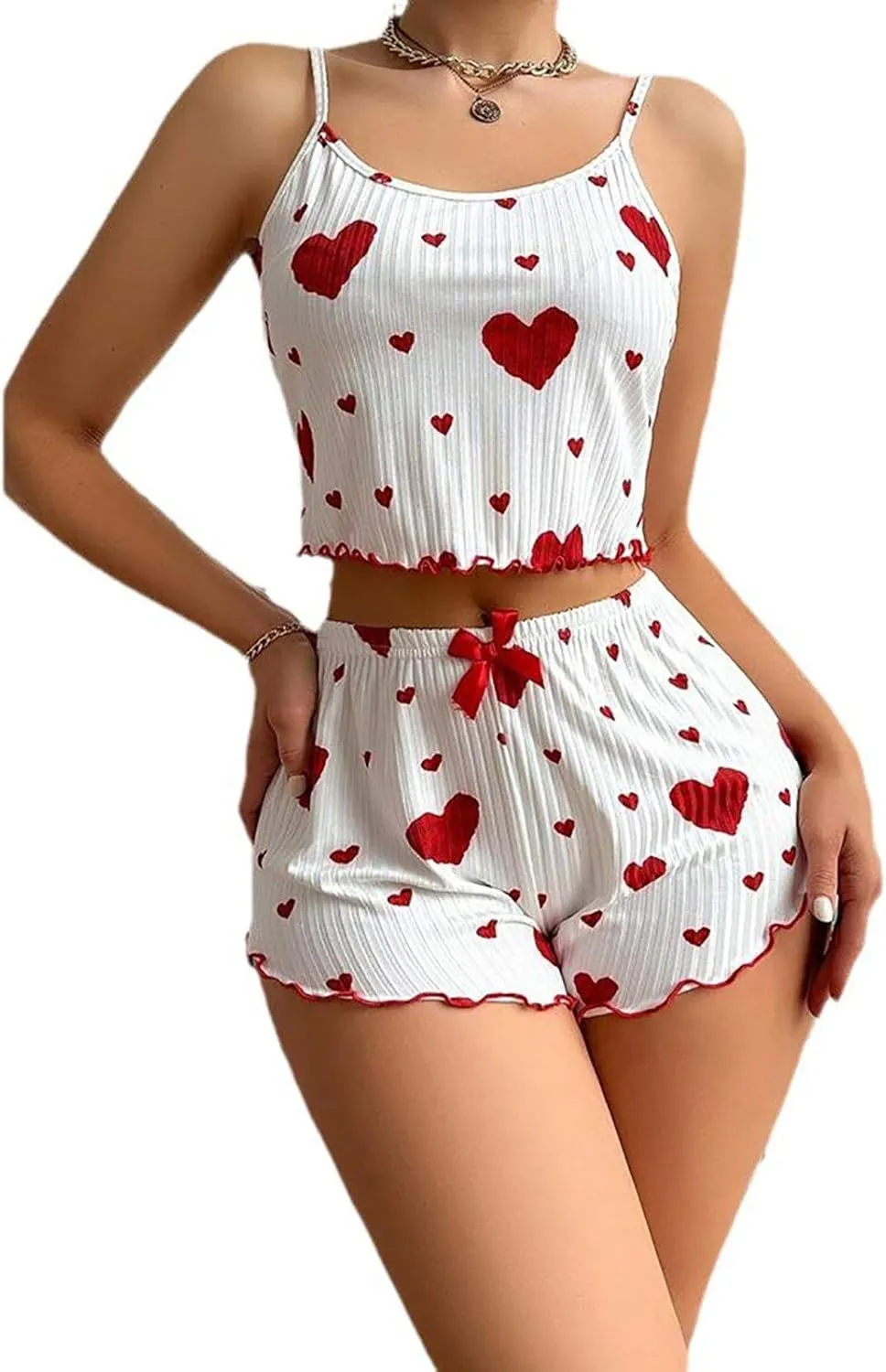 Lpmadey Womens V Neck Cami Set Ruffle Camisole Lingerie Nightwear Sexy Pajamas Lounge Sets Cute Pajamas Ladies Pajamas Sets