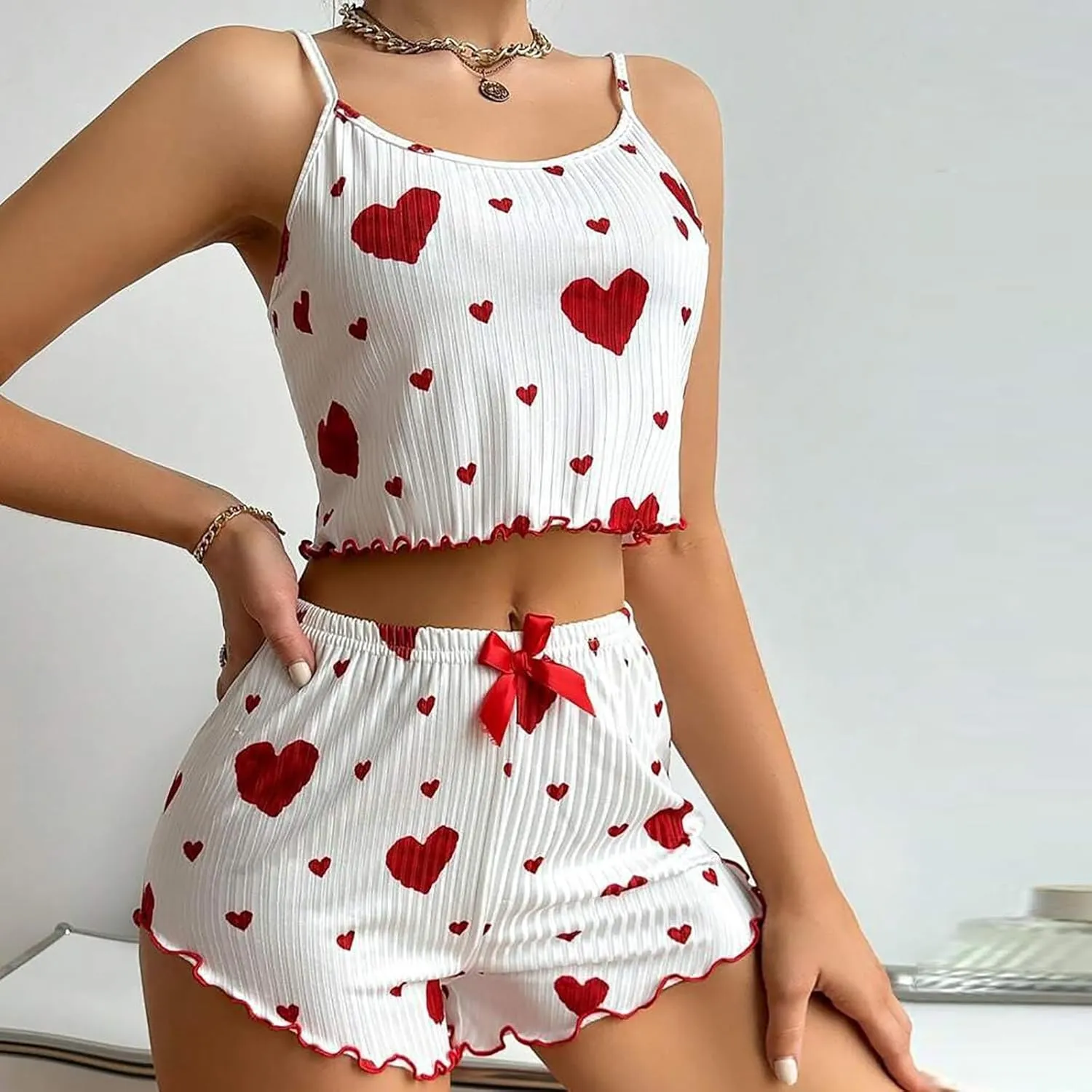 Lpmadey Womens V Neck Cami Set Ruffle Camisole Lingerie Nightwear Sexy Pajamas Lounge Sets Cute Pajamas Ladies Pajamas Sets