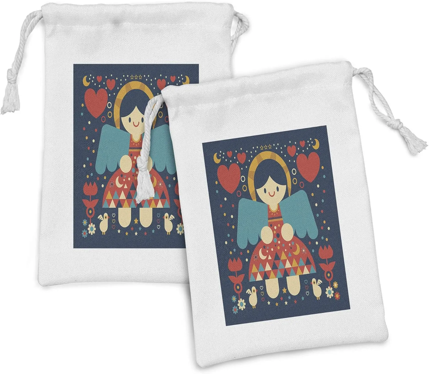 Lunarable Angel Fabric Pouch Set of 2, Cartoon Angel Colorful Dress and Wings Surrounded by Hearts Flowers, Small Drawstring Bag for Toiletries Masks and Favors, 9" x 6", Multicolor