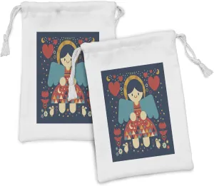 Lunarable Angel Fabric Pouch Set of 2, Cartoon Angel Colorful Dress and Wings Surrounded by Hearts Flowers, Small Drawstring Bag for Toiletries Masks and Favors, 9" x 6", Multicolor