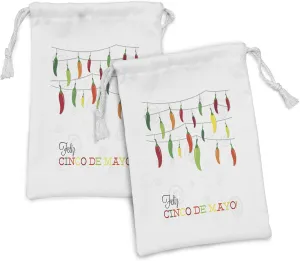 Lunarable Cinco De Mayo Fabric Pouch Set of 2, Colorful Chili Peppers Hanging on Strings Pattern Image Happy Holiday Theme, Small Drawstring Bag for Toiletries Masks and Favors, 9" x 6", Multicolor