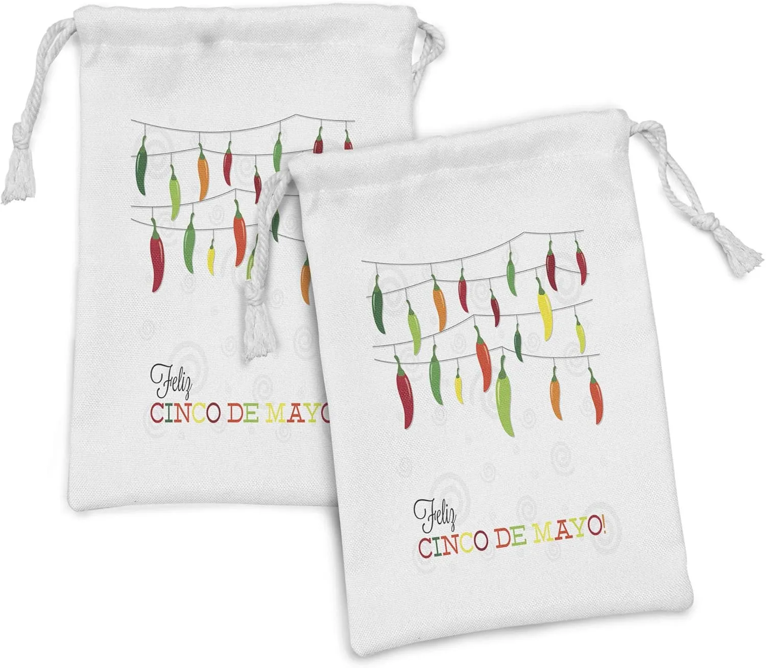 Lunarable Cinco De Mayo Fabric Pouch Set of 2, Colorful Chili Peppers Hanging on Strings Pattern Image Happy Holiday Theme, Small Drawstring Bag for Toiletries Masks and Favors, 9" x 6", Multicolor