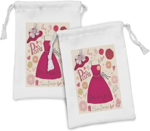 Lunarable Fashion Fabric Pouch Set of 2, Vintage Fashion Elements with Dress Garment Outfit Hat Flowers Pastel Graphic, Small Drawstring Bag for Toiletries Masks and Favors, 9" x 6", Cream Pink Red