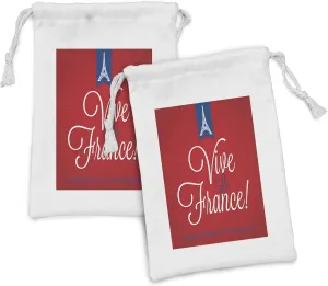 Lunarable French Party Fabric Pouch Set of 2, Bastille Day Themed Image with Vive La France and Eiffel, Small Drawstring Bag for Toiletries Masks and Favors, 9" x 6", Night Blue Vermilion