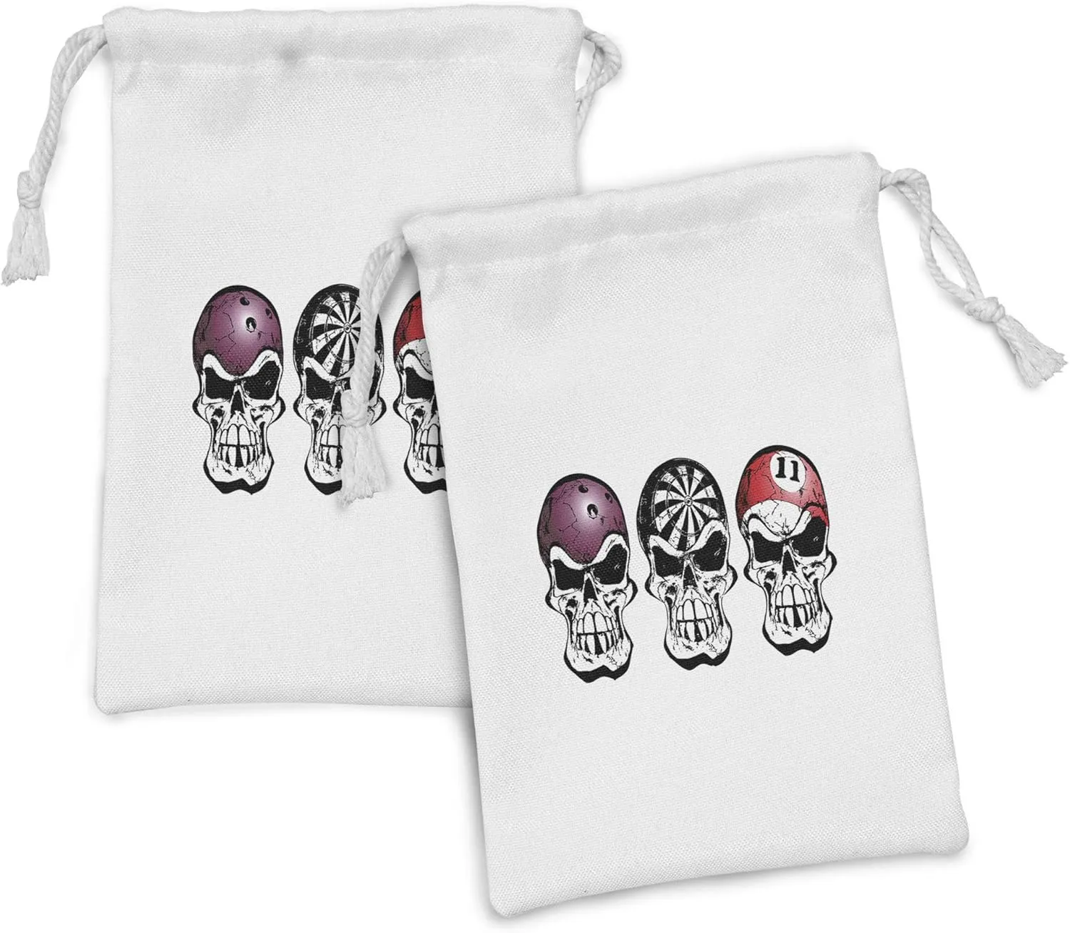 Lunarable Manly Fabric Pouch Set of 2, Bowling Darts and Billiard Skulls Skeleton Angry Horror Pirate Jolly Roger, Small Drawstring Bag for Toiletries Masks and Favors, 9" x 6", Maroon Red Black