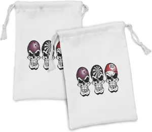 Lunarable Manly Fabric Pouch Set of 2, Bowling Darts and Billiard Skulls Skeleton Angry Horror Pirate Jolly Roger, Small Drawstring Bag for Toiletries Masks and Favors, 9" x 6", Maroon Red Black