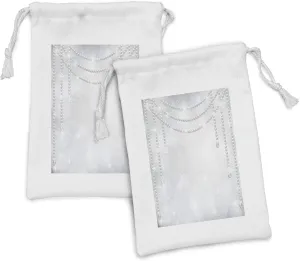 Lunarable Pearls Fabric Pouch Set of 2, Diamonds Stones and Pearls Hanging Necklace Bridal Wedding Theme Image, Small Drawstring Bag for Toiletries Masks and Favors, 9" x 6", Grey and White
