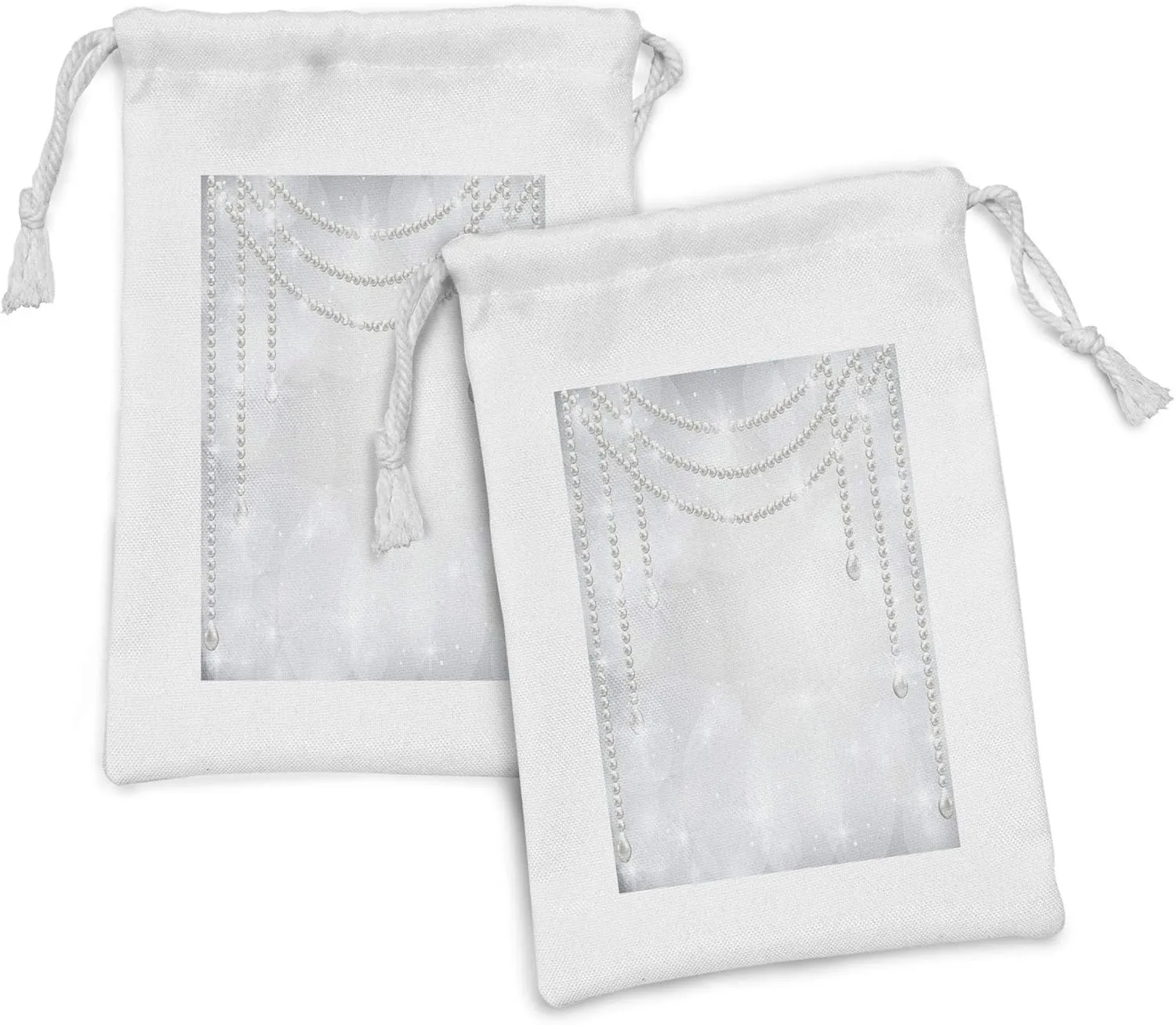 Lunarable Pearls Fabric Pouch Set of 2, Diamonds Stones and Pearls Hanging Necklace Bridal Wedding Theme Image, Small Drawstring Bag for Toiletries Masks and Favors, 9" x 6", Grey and White