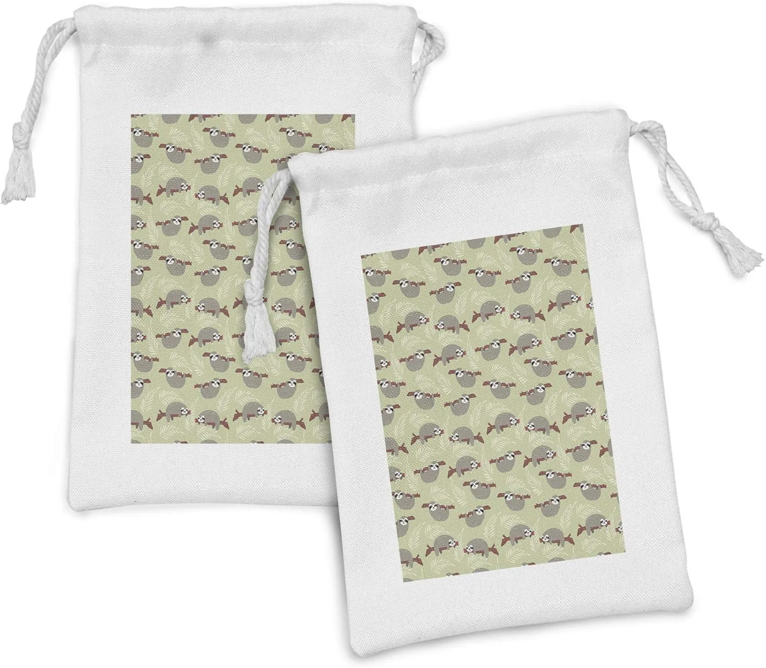 Lunarable Sloth Fabric Pouch Set of 2, Sloths Hanging from Cecropia Branches with an Leaf Filled Backdrop, Small Drawstring Bag for Toiletries Masks and Favors, 9" x 6", Pale Green Grey Ruby