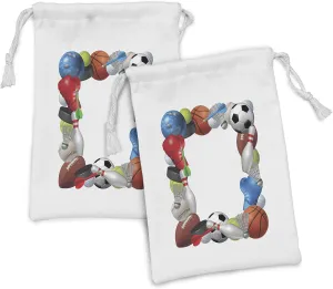 Lunarable Sports Fabric Pouch Set of 2, Frame with Sport Equipment from Baketball Boxing Golf Bowling Badminton Activity, Small Drawstring Bag for Toiletries Masks and Favors, 9" x 6", Multicolor