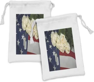 Lunarable Veteran Fabric Pouch Set of 2, Hanging Tags and a Bouquet of White Roses on the American Flag Patriotic Design, Small Drawstring Bag for Toiletries Masks and Favors, 9" x 6", Multicolor