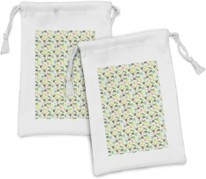 Lunarable Wildlife Fabric Pouch Set of 2, Pattern of Sloth Hanging Composed with Colorful Tropical Leaves and Flowers Print, Small Drawstring Bag for Toiletries Masks and Favors, 9" x 6", Multicolor