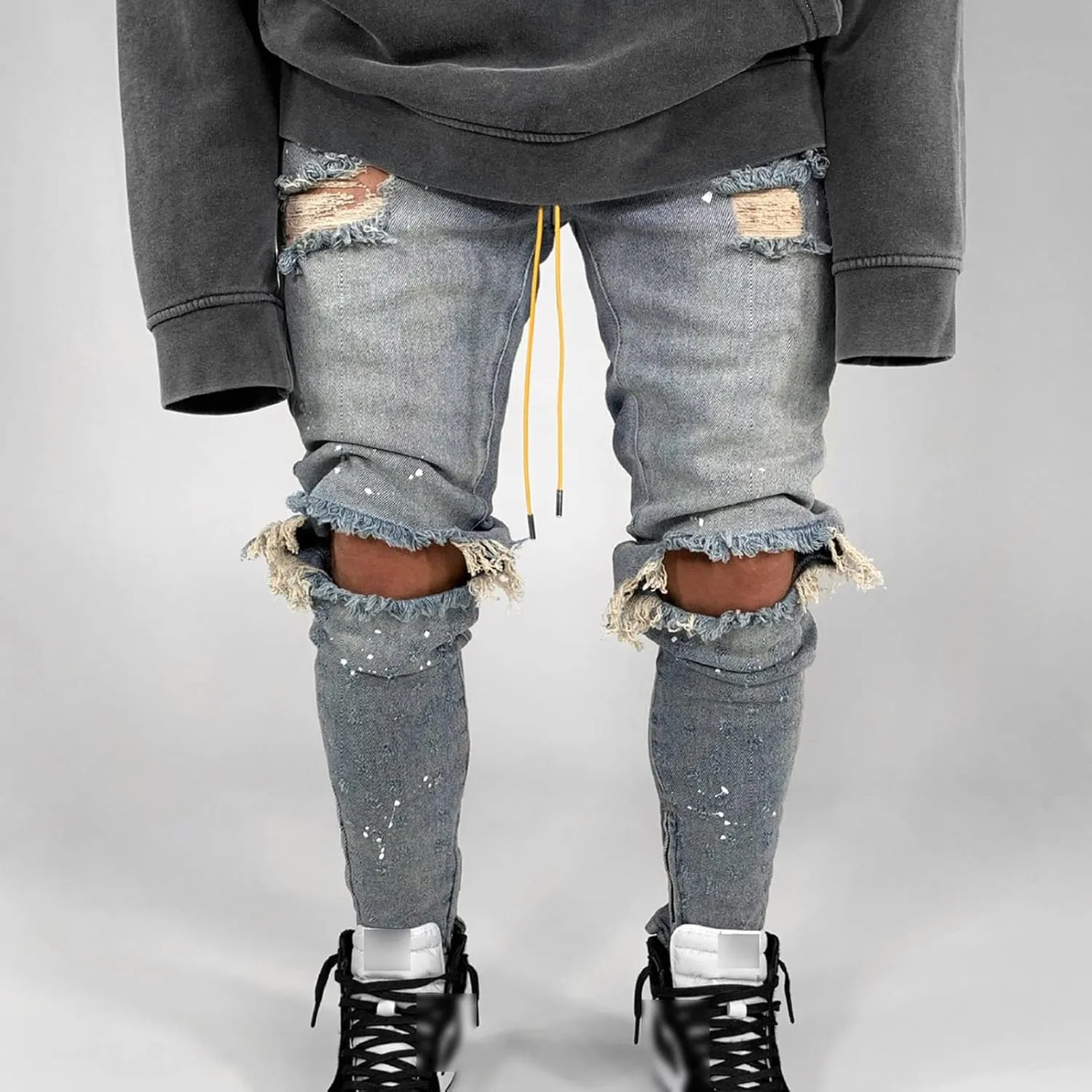 Maiyifu-GJ Men's Ripped Skinny Slim Fit Jeans Stretchy Knee Holes Tapered Leg Denim Pants Destroyed Distressed Zipper Jean