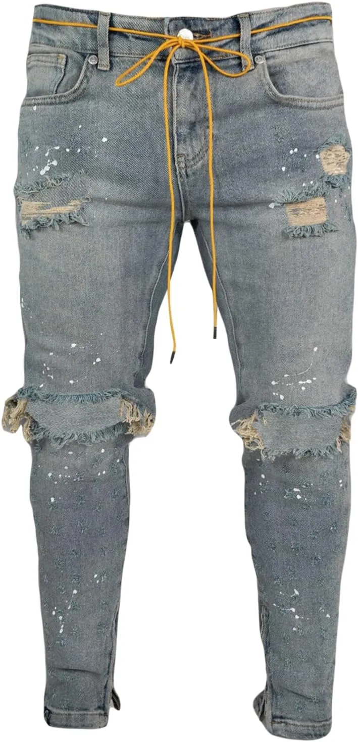 Maiyifu-GJ Men's Ripped Skinny Slim Fit Jeans Stretchy Knee Holes Tapered Leg Denim Pants Destroyed Distressed Zipper Jean