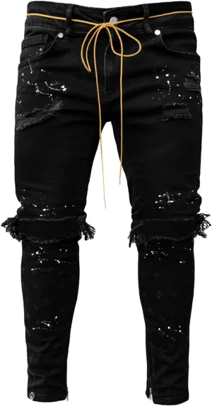 Maiyifu-GJ Men's Ripped Skinny Slim Fit Jeans Stretchy Knee Holes Tapered Leg Denim Pants Destroyed Distressed Zipper Jean