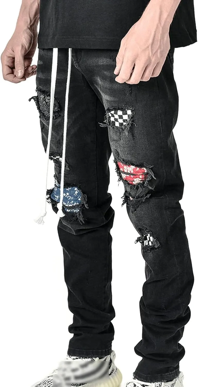 Maiyifu-GJ Men's Straight Slim Patches Jeans Distressed Stretchy Skinny Denim Pants Casual Hip Hop Ripped Tapered Leg Jean