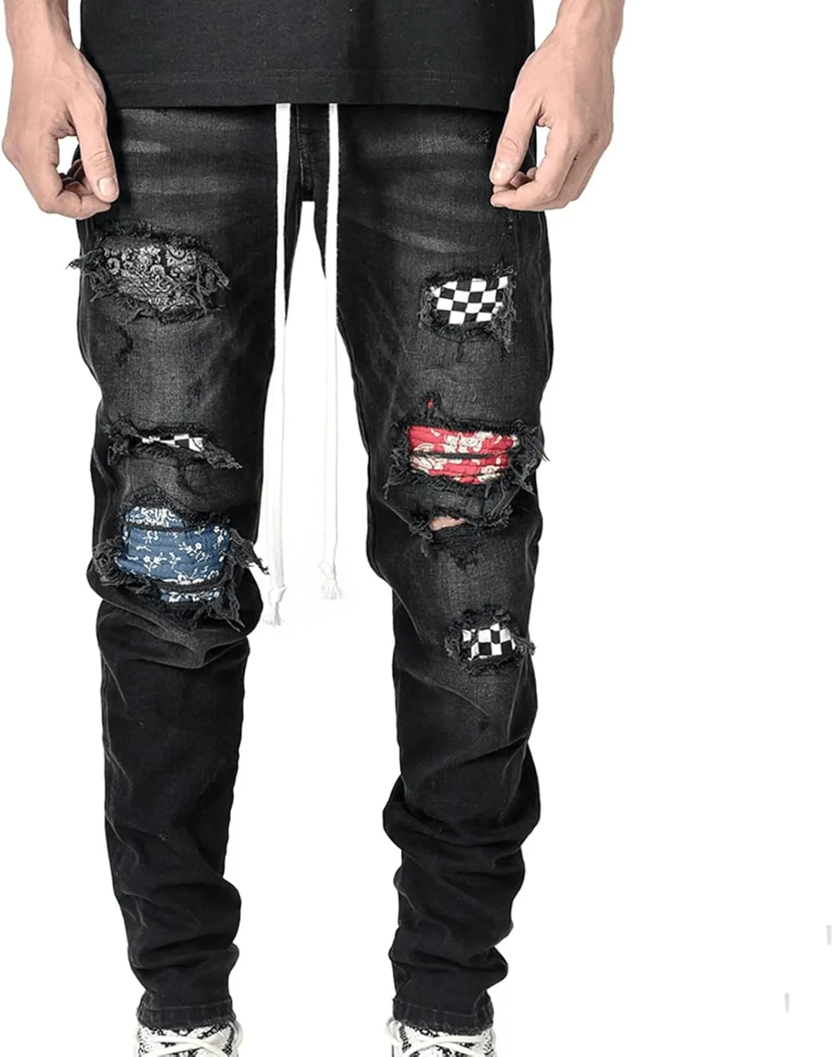Maiyifu-GJ Men's Straight Slim Patches Jeans Distressed Stretchy Skinny Denim Pants Casual Hip Hop Ripped Tapered Leg Jean