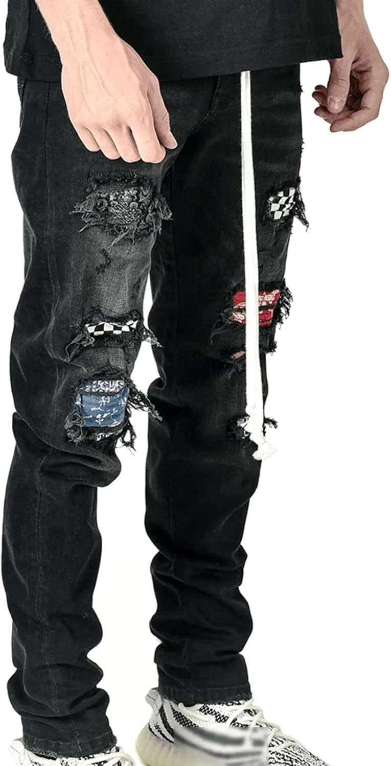 Maiyifu-GJ Men's Straight Slim Patches Jeans Distressed Stretchy Skinny Denim Pants Casual Hip Hop Ripped Tapered Leg Jean