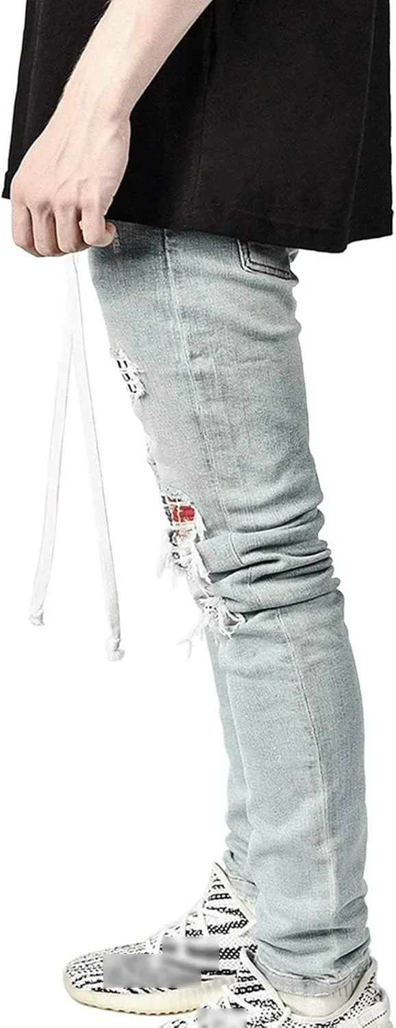 Maiyifu-GJ Men's Straight Slim Patches Jeans Distressed Stretchy Skinny Denim Pants Casual Hip Hop Ripped Tapered Leg Jean