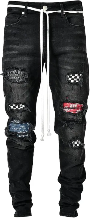 Maiyifu-GJ Men's Straight Slim Patches Jeans Distressed Stretchy Skinny Denim Pants Casual Hip Hop Ripped Tapered Leg Jean