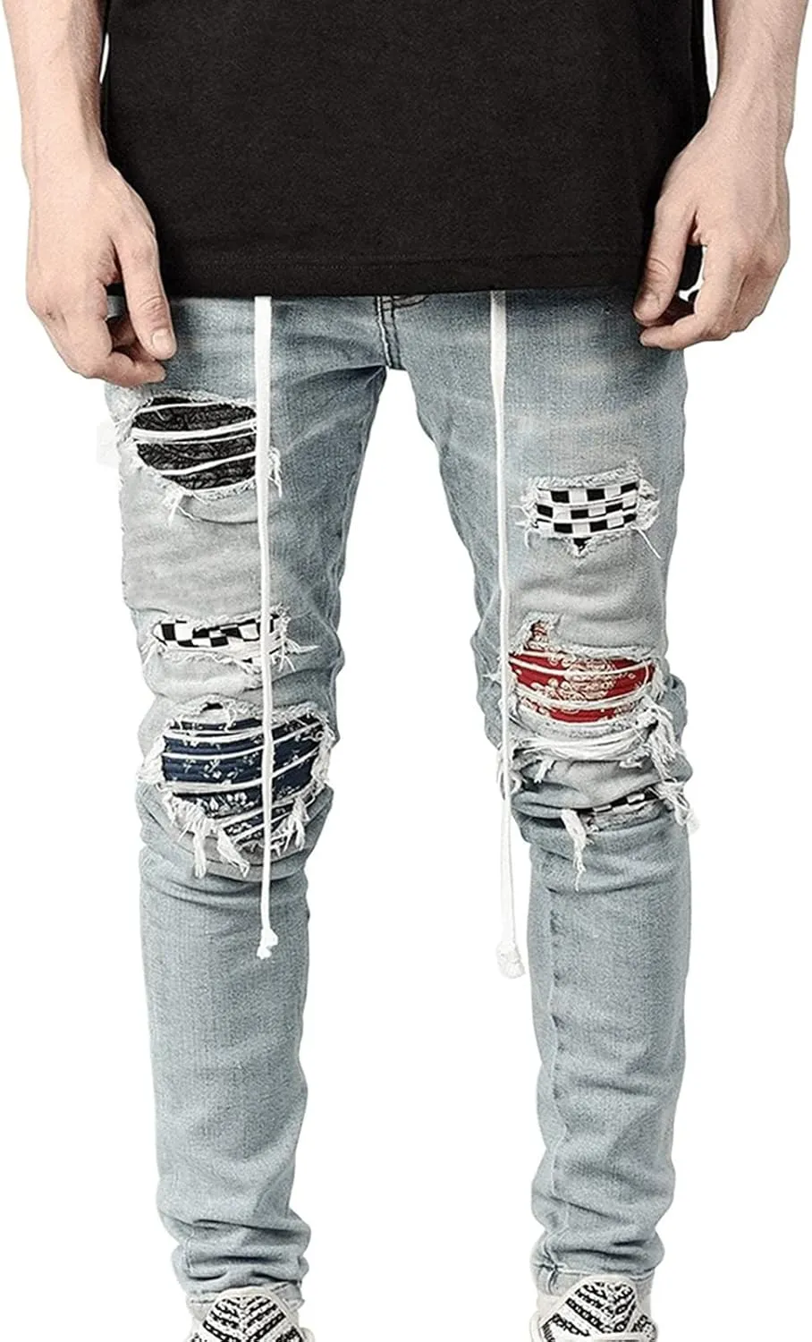 Maiyifu-GJ Men's Straight Slim Patches Jeans Distressed Stretchy Skinny Denim Pants Casual Hip Hop Ripped Tapered Leg Jean