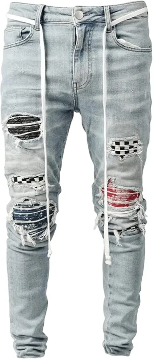 Maiyifu-GJ Men's Straight Slim Patches Jeans Distressed Stretchy Skinny Denim Pants Casual Hip Hop Ripped Tapered Leg Jean