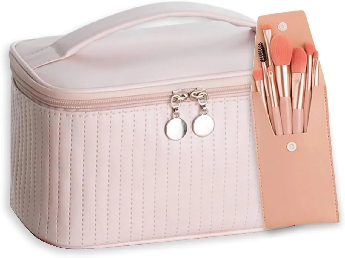 Makeup Bag  Set of Makeup Brushes Included  Travel Cosmetic Organizer with Handle  Portable Toiletry Bag for Women  Vanity Case for Daily Essentials (PINK)