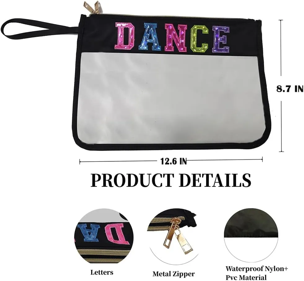 Makeup Bag,Letter Clear Makeup Bag Letter Patch Cosmetic Bag,Toiletry Pouches with Double Zipper Waterproof Travel Purse Teacher Nurse Dancer Gift (Black Dance)