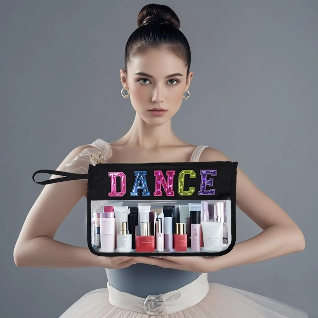 Makeup Bag,Letter Clear Makeup Bag Letter Patch Cosmetic Bag,Toiletry Pouches with Double Zipper Waterproof Travel Purse Teacher Nurse Dancer Gift (Black Dance)