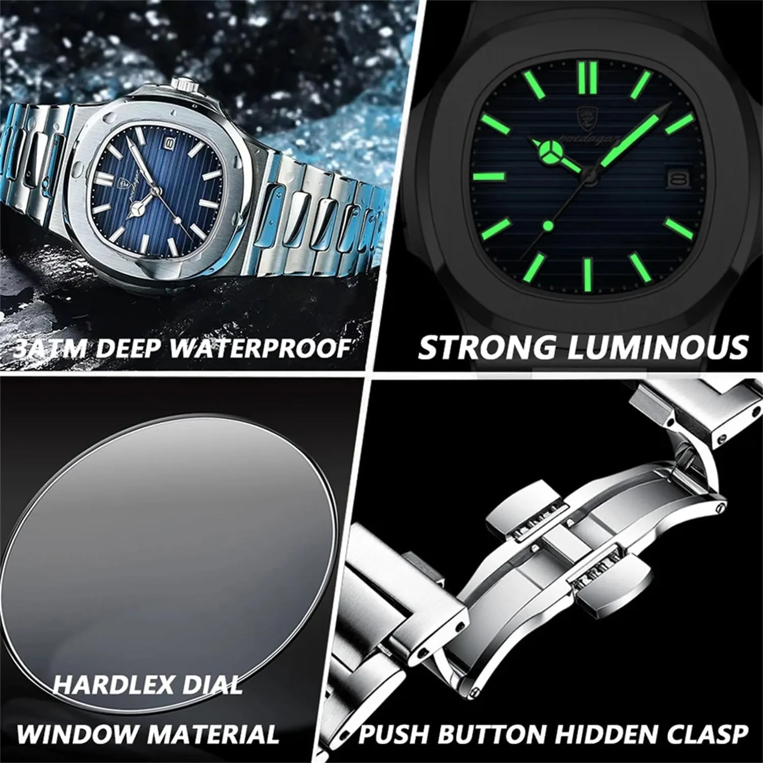 MASTOP Luxury Men Watches Analog Quartz Stainless Steel Luminous Military Square Watches for Men Waterproof Business Classic Desiger Wrist Watch Date
