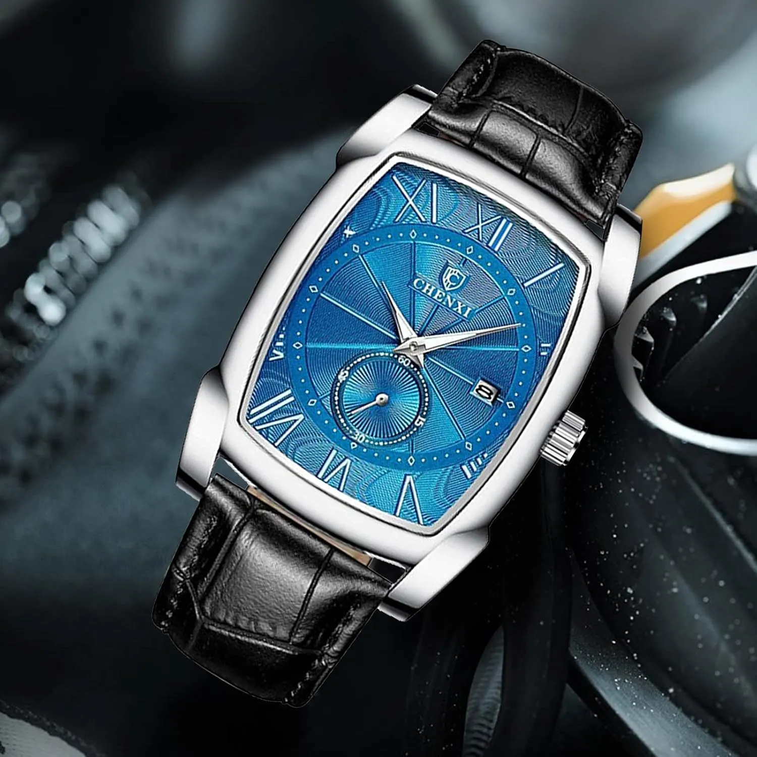 MASTOP Men Vintage Watches Quartz Analog Date Watch Leather Strap Square Business Waterproof Mens Watches