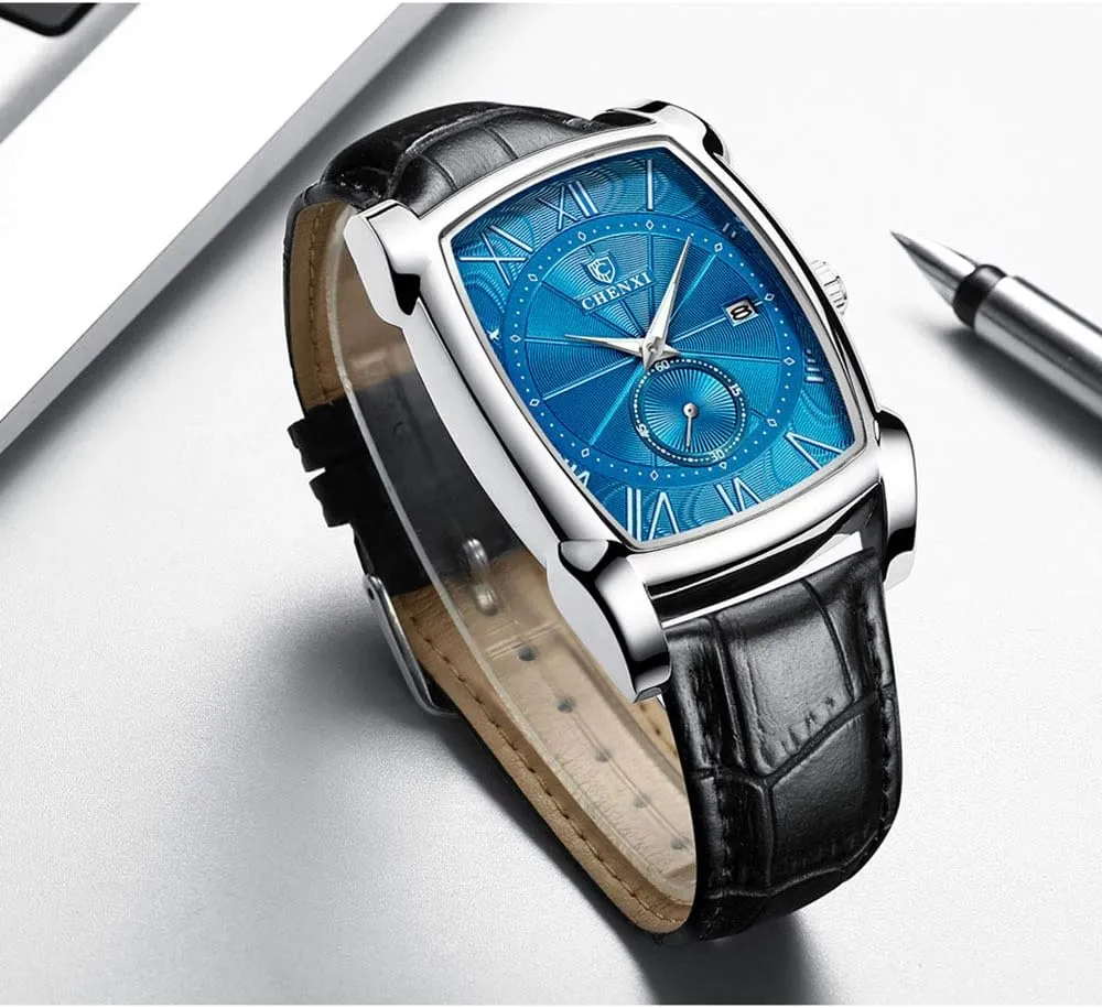 MASTOP Men Vintage Watches Quartz Analog Date Watch Leather Strap Square Business Waterproof Mens Watches