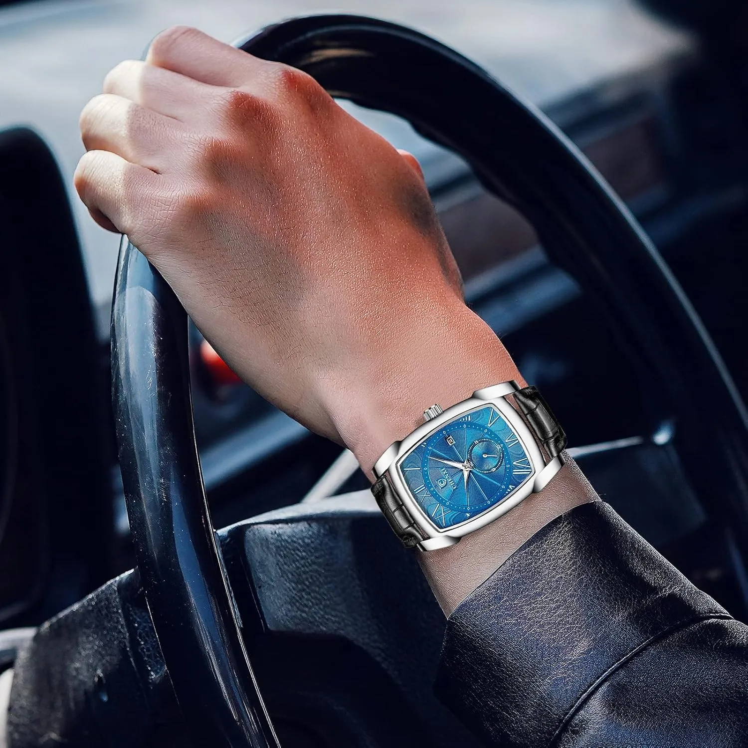 MASTOP Men Vintage Watches Quartz Analog Date Watch Leather Strap Square Business Waterproof Mens Watches