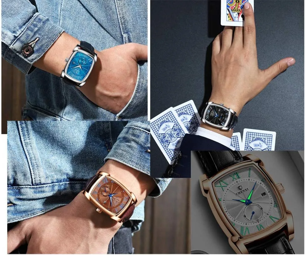 MASTOP Men Vintage Watches Quartz Analog Date Watch Leather Strap Square Business Waterproof Mens Watches
