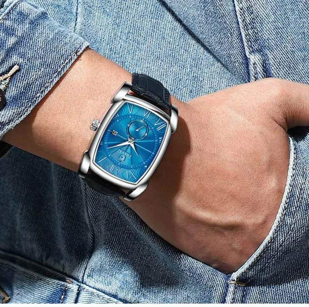 MASTOP Men Vintage Watches Quartz Analog Date Watch Leather Strap Square Business Waterproof Mens Watches